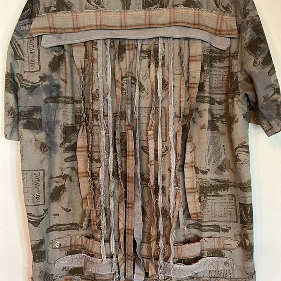 Upcycled patched over dyed fringe back sportsmen’s fish print plaid duster shirt